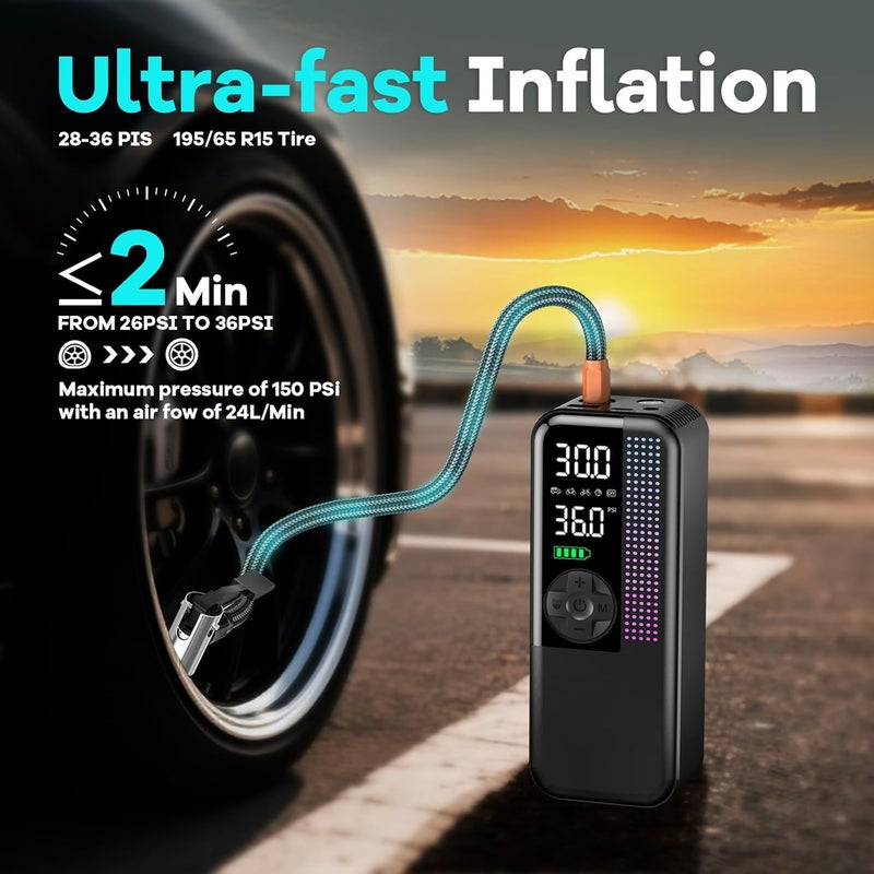 WEOLULI Tire Inflator Portable Air Compressor, 150 PSI Cordless Air Pump, Dual Power 6000mAh, 12V DC Car Plug, Fast Inflation 24L/Min, Auto Shut-Off, LED Light, 4 Preset Modes for Car, Bike, Motorcycle, Balls - Image 3